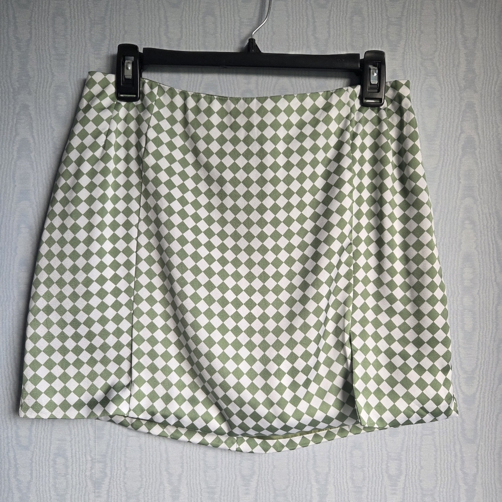 Glam M Checkered Satin Green White Mini Skirt 29" Waist Coquette Y2K‎